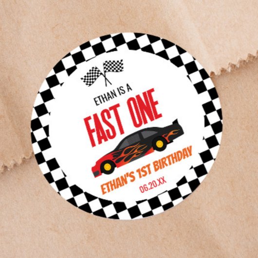 Fast One Red Flame Race Auto 1e Verjaardagsfeest Ronde Sticker