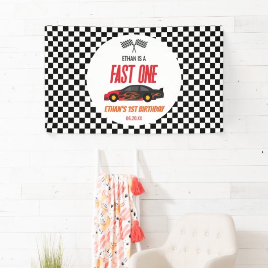 Fast One Red Flame Race Auto 1e Verjaardagsfeest Spandoek (Insitu)