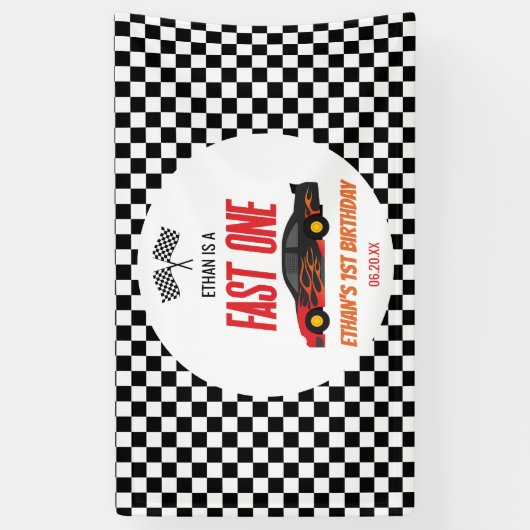 Fast One Red Flame Race Auto 1e Verjaardagsfeest Spandoek (Verticaal)