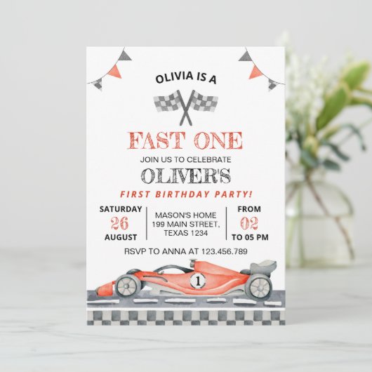 Fast One Red Race Auto 1e Jongen Verjaardag uitnod Kaart (Staand voorkant)