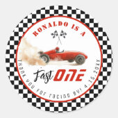 Fast One Red race auto Boy Verjaardag Bedankt Ronde Sticker (Voorkant)