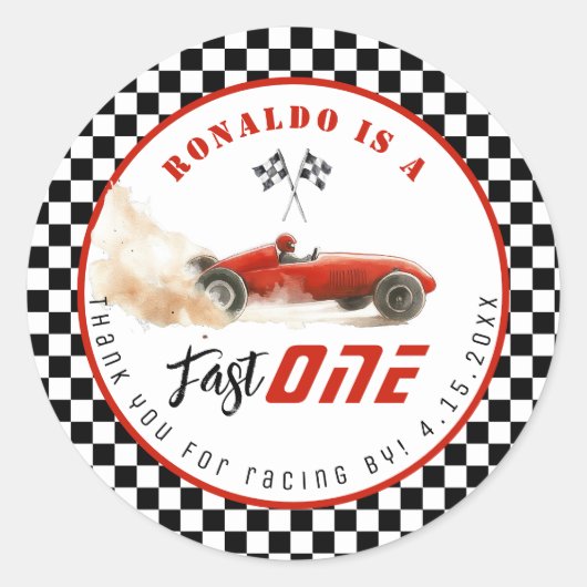 Fast One Red race auto Boy Verjaardag Bedankt Ronde Sticker (Voorkant)