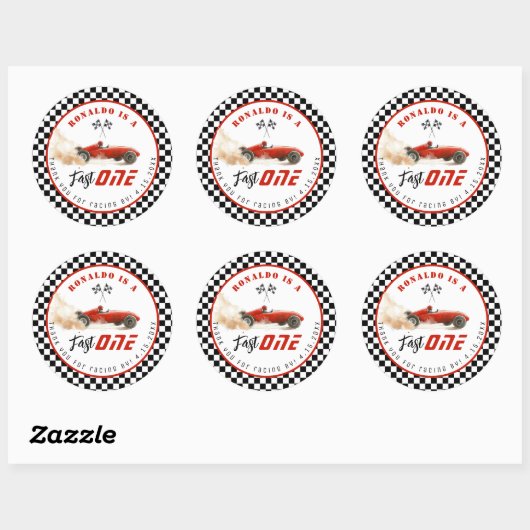 Fast One Red race auto Boy Verjaardag Bedankt Ronde Sticker (Vel)