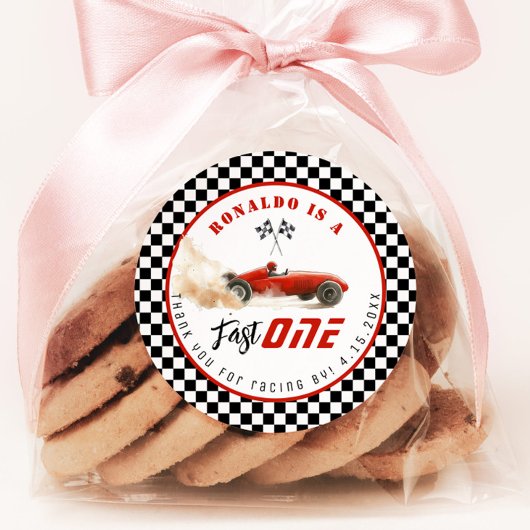 Fast One Red race auto Boy Verjaardag Bedankt Ronde Sticker