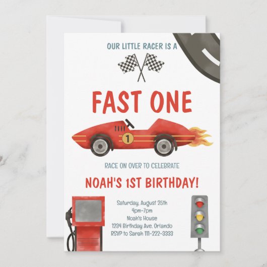 Fast One Red Race Car 1e Verjaardag uitnodiging (Voorkant)
