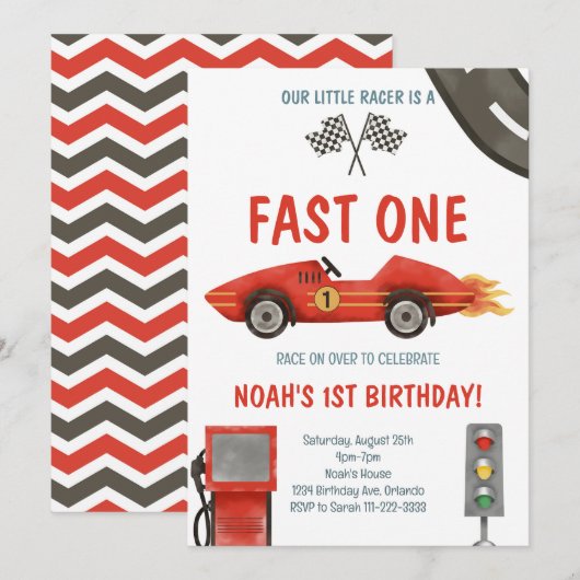 Fast One Red Race Car 1e Verjaardag uitnodiging (Voorkant / Achterkant)