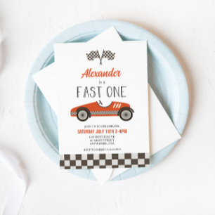 Fast One Red Race Car Birthday Invitation Kaart