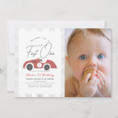 Fast One Red Race Car Boy 1e Verjaardag Foto Kaart (Voorkant)