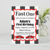 Fast One Red Race Car Boy 1e Verjaardagsfeestfoto Kaart (Staand voorkant)