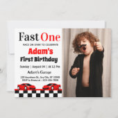 Fast One Red Race Car Boy 1e Verjaardagsfeestfoto Kaart (Voorkant)