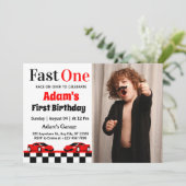 Fast One Red Race Car Boy 1e Verjaardagsfeestfoto Kaart (Staand voorkant)