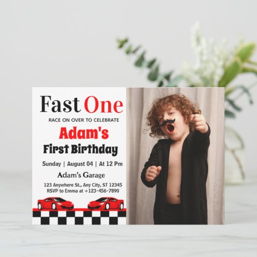 Fast One Red Race Car Boy 1e Verjaardagsfeestfoto Kaart (Staand voorkant)