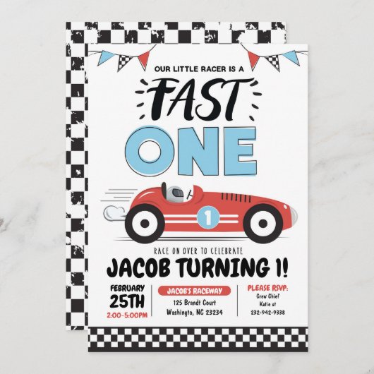 Fast One Red Race Car Boy 1e Verjaardagsfeestje In Kaart (Voorkant / Achterkant)
