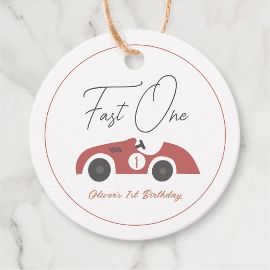 Fast One Red Race Car Boy 1st Birthday Bedankjes Labels (Voorkant)