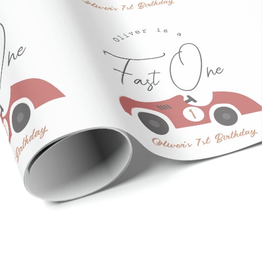 Fast One Red Race Car Boy 1st Birthday Cadeaupapier (Rol Hoek)