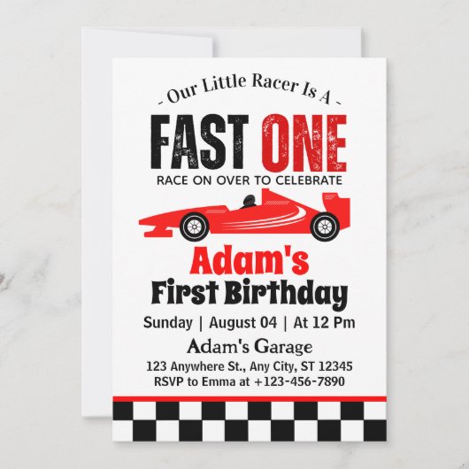 Fast One Red Race Car Boy 1st Birthday Party Kaart (Voorkant)