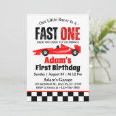 Fast One Red Race Car Boy 1st Birthday Party Kaart (Staand voorkant)