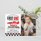 Fast One Red Race Car Boy 1st Birthday Party Kaart (Staand voorkant)
