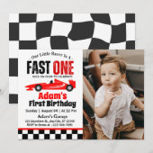 Fast One Red Race Car Boy 1st Birthday Party Kaart (Voorkant / Achterkant)