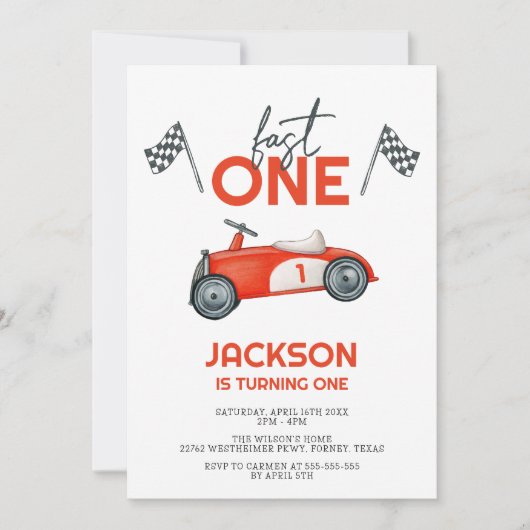 Fast One Red Race Car Boy 1st Birthday Party Kaart (Voorkant)