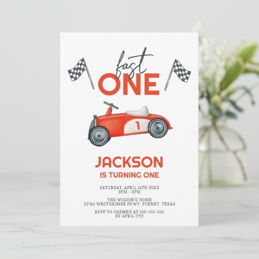 Fast One Red Race Car Boy 1st Birthday Party Kaart (Staand voorkant)
