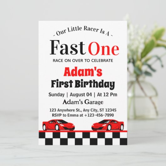 Fast One Red Race Car Boy 1st Birthday Party Kaart (Staand voorkant)