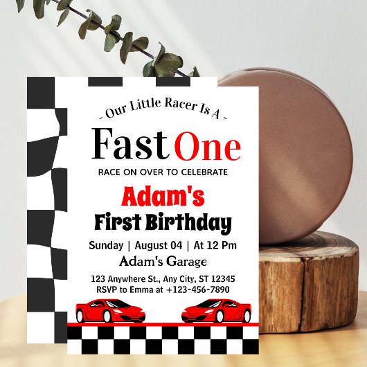 Fast One Red Race Car Boy 1st Birthday Party Kaart