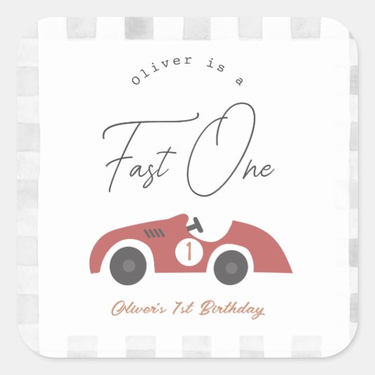 Fast One Red Race Car Boy 1st Birthday Vierkante Sticker (Voorkant)