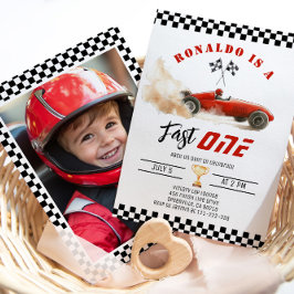 Fast One Red raceauto Boy 1st Birthday Foto Kaart