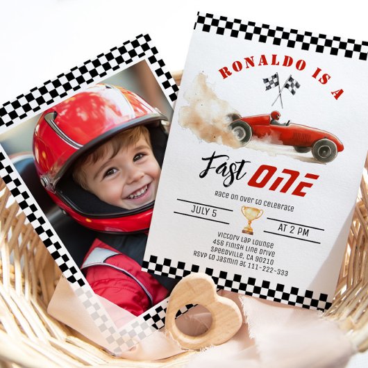 Fast One Red raceauto Boy 1st Birthday Foto Kaart