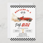 Fast One Red raceauto Boy 1st Birthday Foto Kaart (Voorkant)
