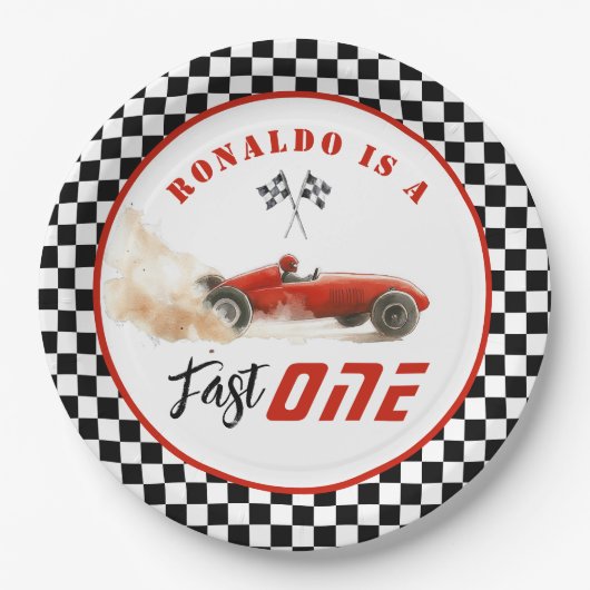 Fast One Red racewagen Boy 1st Birthday Balloon Papieren Bordje (Voorkant)