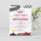 Fast One Red Racing Car 1e verjaardagsfeestje Uitn Kaart (Staand voorkant)