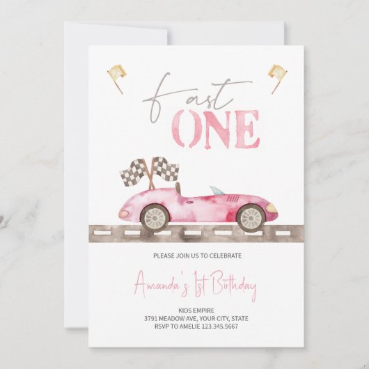 Fast ONE Retro Race Auto Verjaardag uitnodiging (Voorkant)
