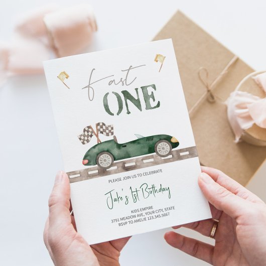 Fast ONE Retro Race Auto Verjaardag uitnodiging