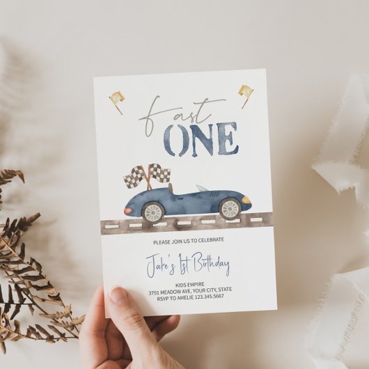 Fast ONE Retro Race Auto Verjaardag uitnodiging