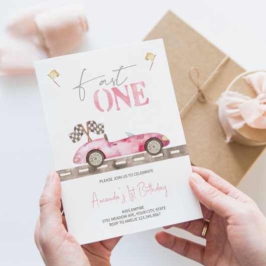 Fast ONE Retro Race Auto Verjaardag uitnodiging