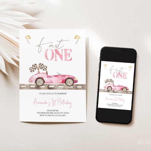 Fast ONE Retro Race Auto Verjaardag uitnodiging