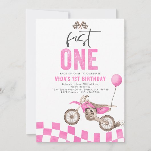 Fast One Roze Dirt Bike Meisje 1e Verjaardagsfeest Kaart (Voorkant)
