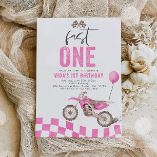 Fast One Roze Dirt Bike Meisje 1e Verjaardagsfeest Kaart