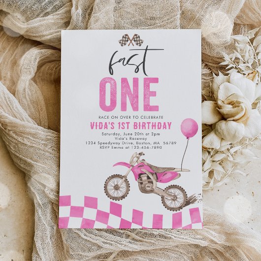 Fast One Roze Dirt Bike Meisje 1e Verjaardagsfeest Kaart