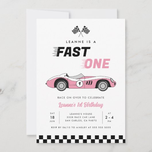 Fast One Roze Race Car Girl 1e Verjaardag Kaart (Voorkant)