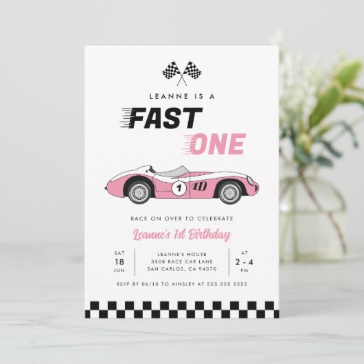 Fast One Roze  Race Car Girl 1e Verjaardag Kaart (Staand voorkant)
