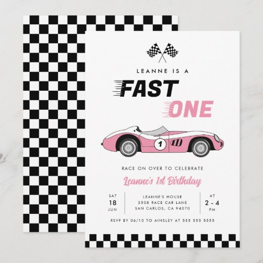 Fast One Roze  Race Car Girl 1e Verjaardag Kaart (Voorkant / Achterkant)