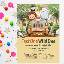 Fast One Wild One Safari Dieren Auto 1e verjaardag Kaart