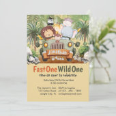 Fast One Wild One Safari Dieren Auto 1e verjaardag Kaart (Staand voorkant)