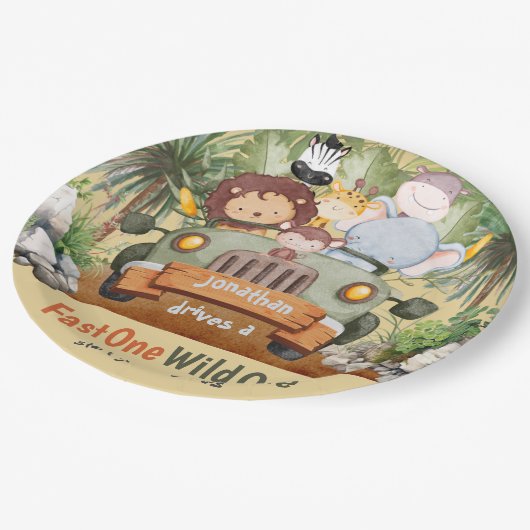 Fast One Wild One Safari Dieren Auto 1e verjaardag Papieren Bordje (Gekanteld)