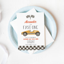 Fast One yellow Race Car Birthday Invitation