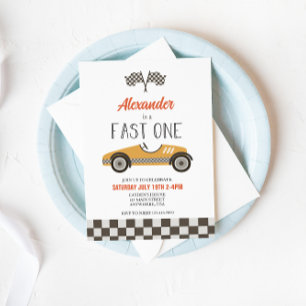 Fast One yellow Race Car Birthday Invitation Kaart