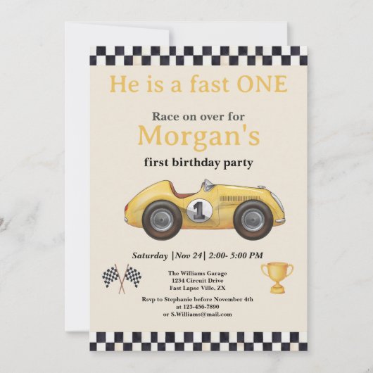 Fast One Yellow Race Car Kinder eerste verjaardag Kaart (Voorkant)